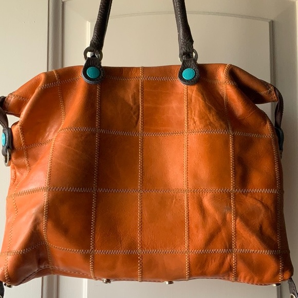 Don’t Worry Be Gabs Made In Italy Orange With Blue Snaps Handbag - Picture 2 of 11